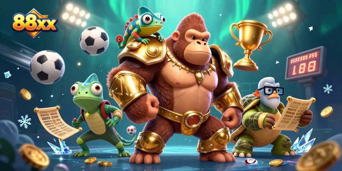 Win exciting jackpots with 88xx; powerful gorilla and friends in a vibrant casino adventure.