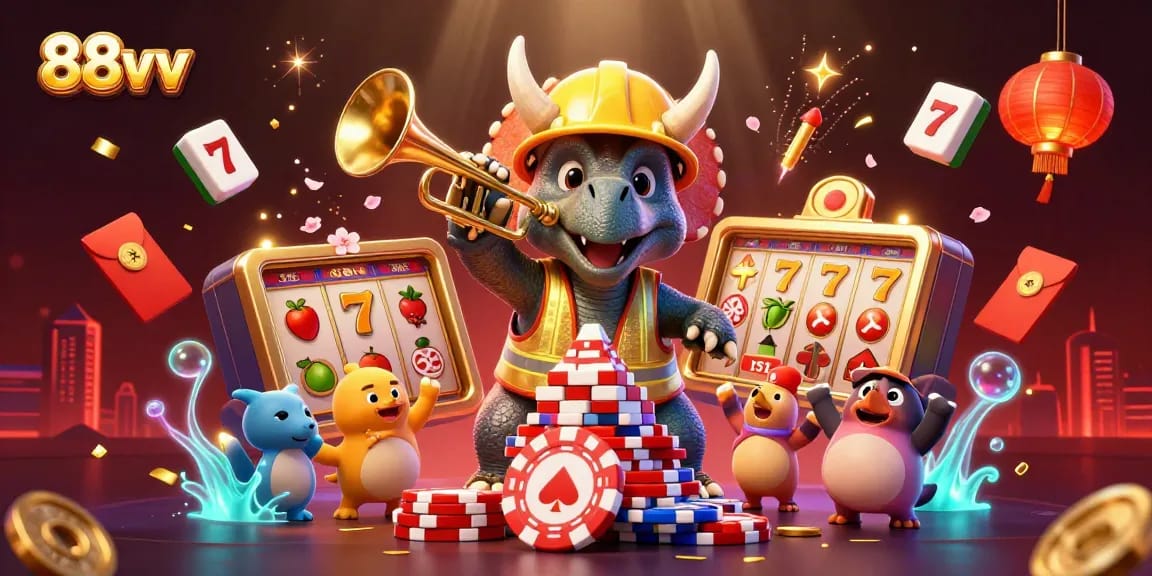 Engage in the excitement of 88vv casino adventures with a triceratops and festive elements.