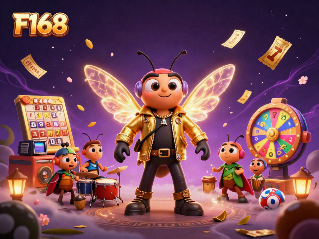 Experience captivating gaming at F168 with vibrant characters and casino game elements.