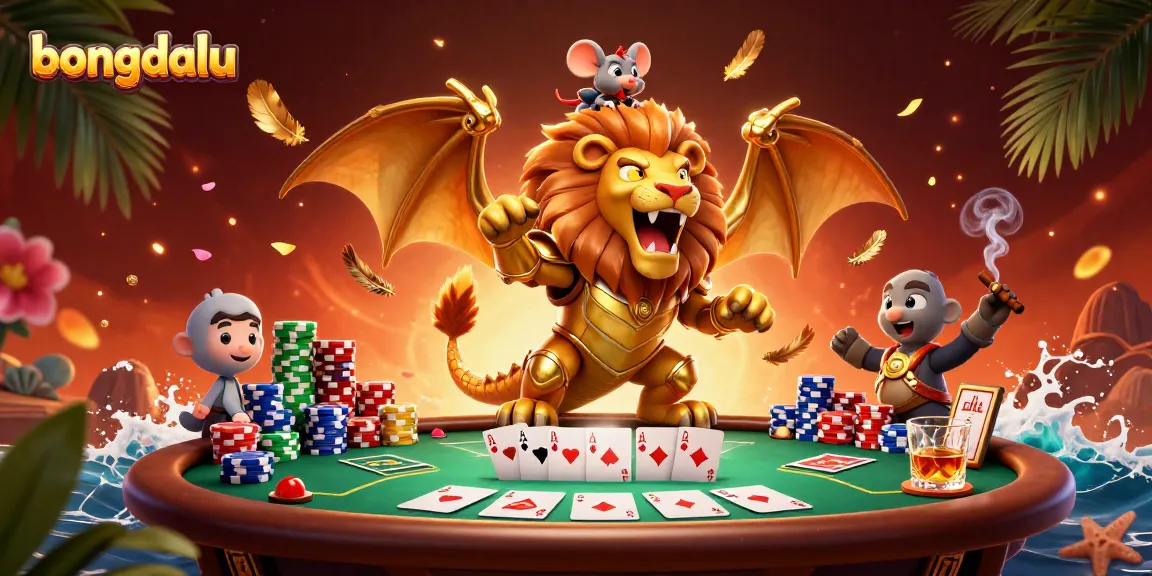 Experience bongdalu's dynamic poker action with a golden chimera and mouse jockey in a vibrant casino scene.