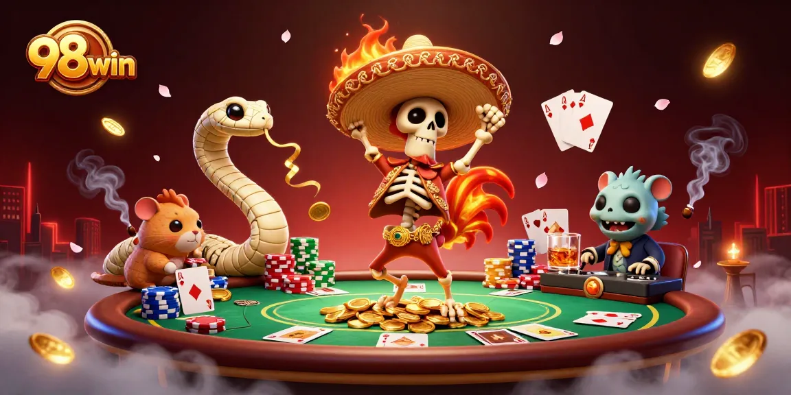 98win celebrates with vibrant casino characters dancing on gold coins while gambling