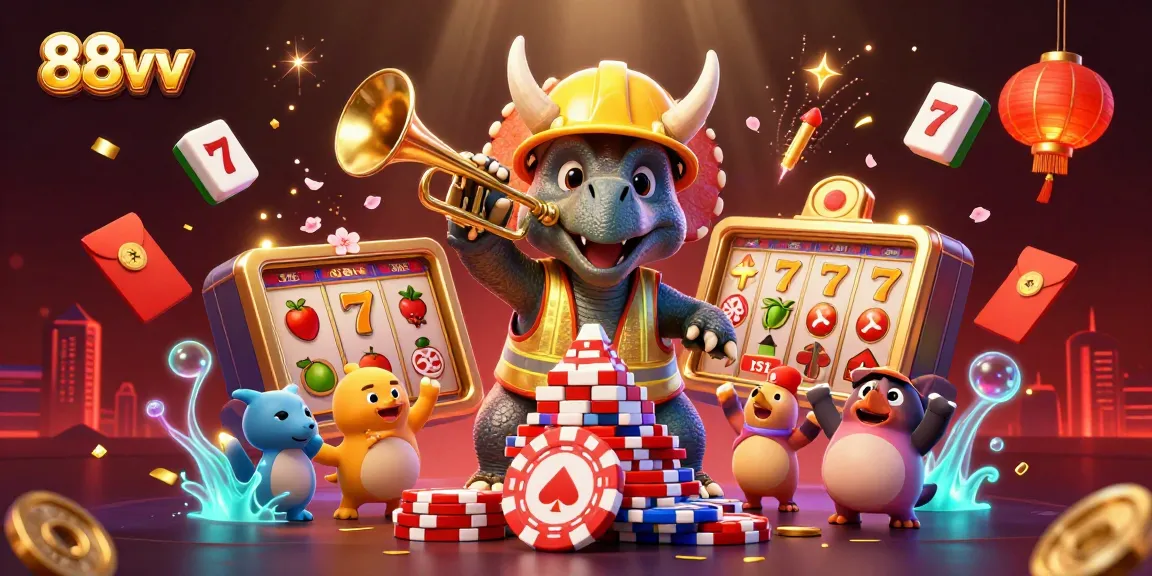 Engage in the excitement of 88vv casino adventures with a triceratops and festive elements.