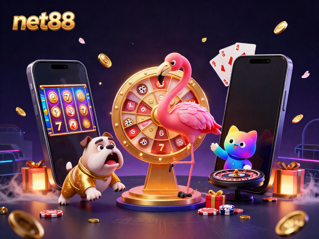 Engage with net88 in this vibrant 3D illustration featuring a game show host, bulldog, and scoreboard assistant amidst colorful casino elements.