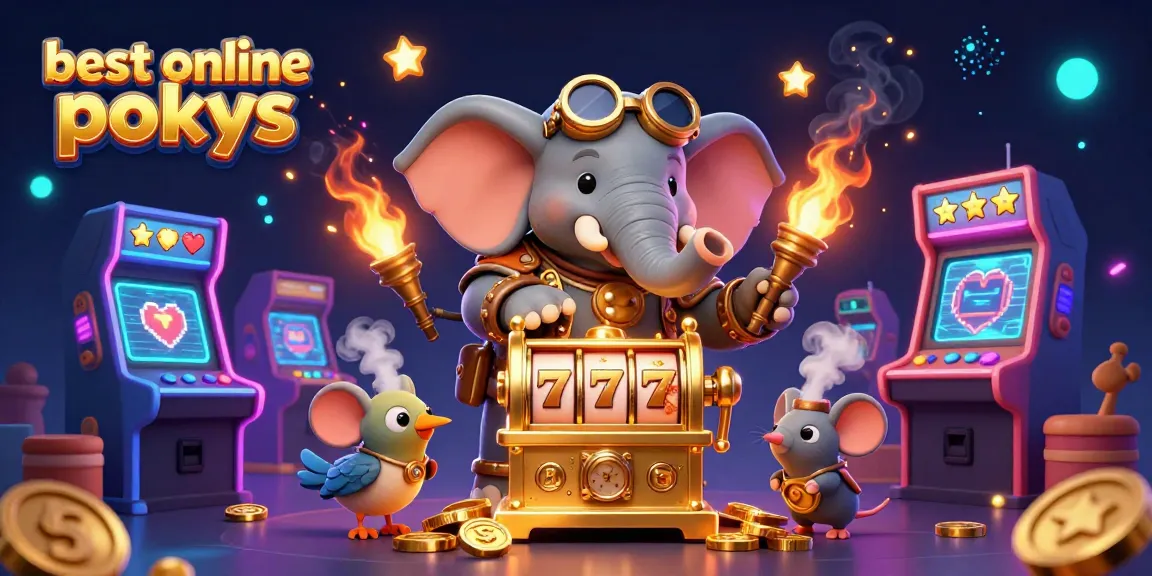 Experience the best online pokies with a vibrant 3D illustration of a steampunk elephant operating a golden slot machine.