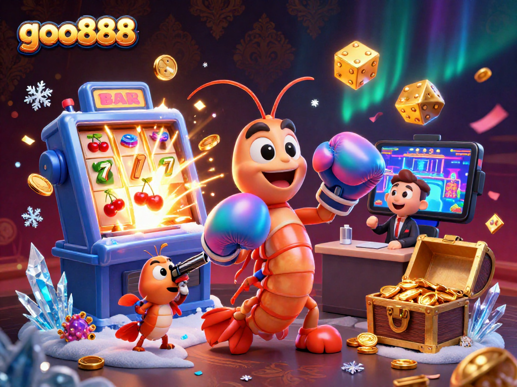 Experience thrill with goo888 as cartoon shrimp celebrate a jackpot in a vibrant, high-energy casino scene.