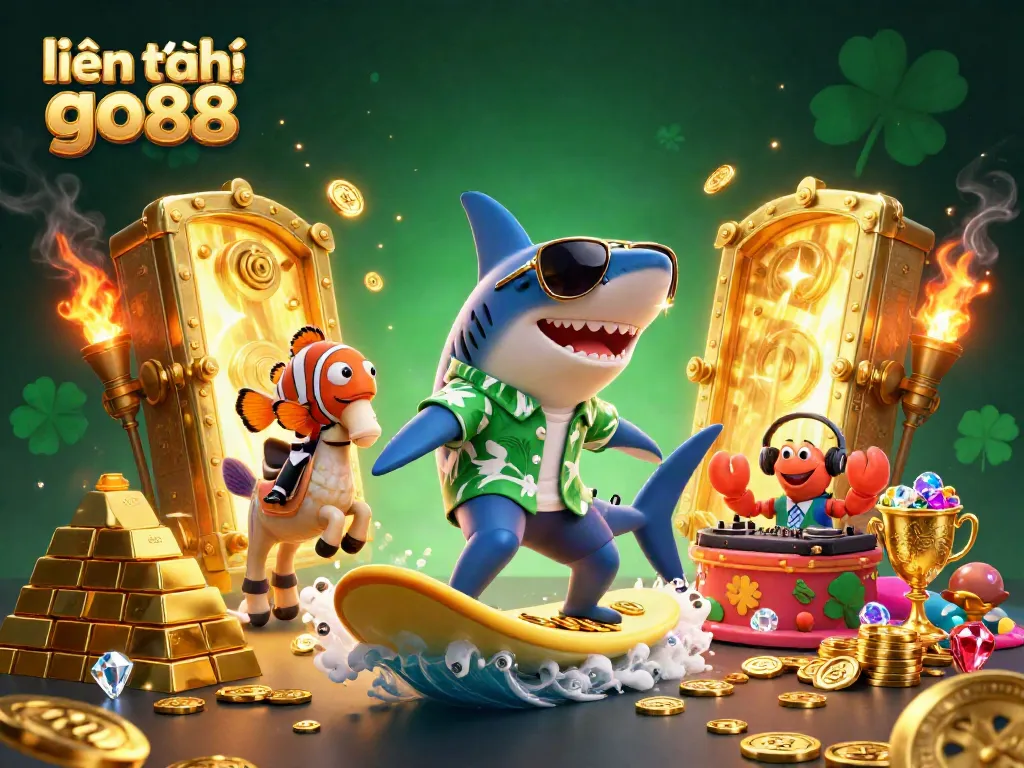 Experience the thrill of a vibrant online casino with liên hệ go88, featuring a shark and fun sea characters.
