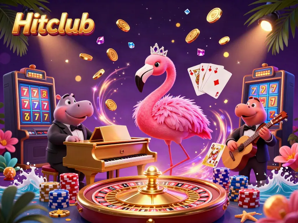 Experience the excitement of Hitclub with a lively 3D casino scene featuring vibrant characters and dynamic gaming elements.