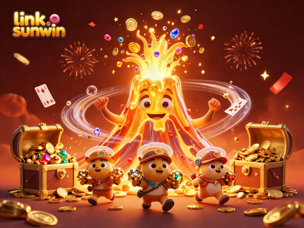 Engage with the exciting link sunwin platform featuring a golden volcano and treasure exploration.