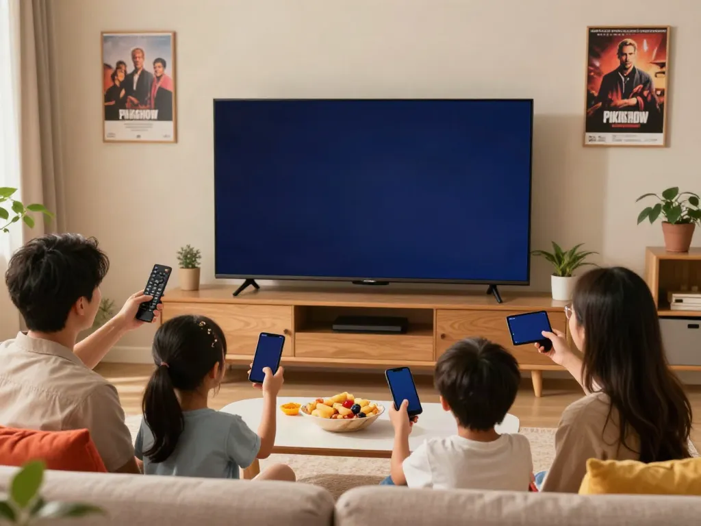 Pikashow family movie night scene with engaged viewers streaming on TV